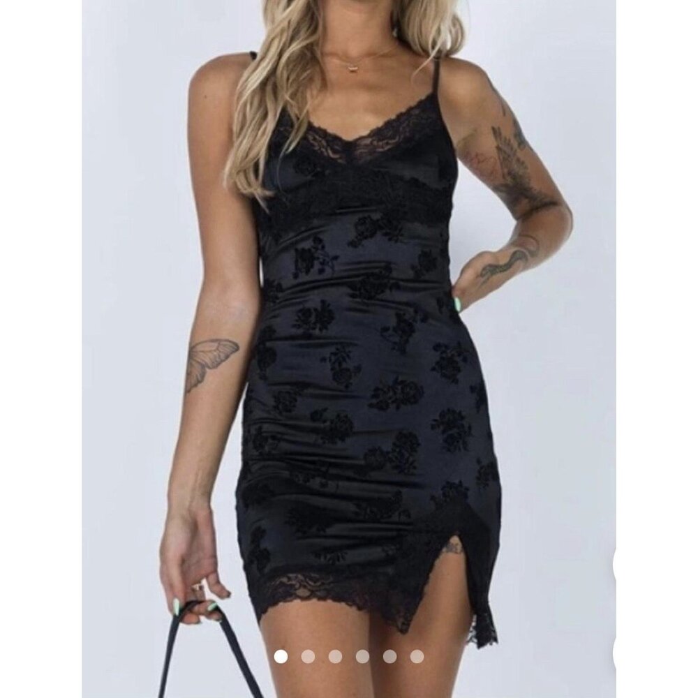Cider Black Floral Velvet Flocked Lace Mini Slip Dress V-Neck Size Medium
